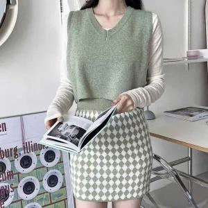 고품질 니트 조끼 스커트 세트 브이넥 허리밴딩 신축성 크롭 (WFFVVH7)