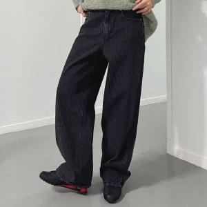 [신세계라이브쇼핑][옷자락] 여자 스트라이프 와이드핏 논스판 발염 루즈 청바지