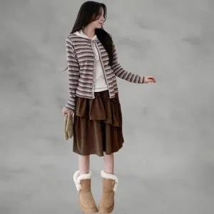 [다잇템] 여성 골덴 언발란스 티어드 레이스 고무줄 치마