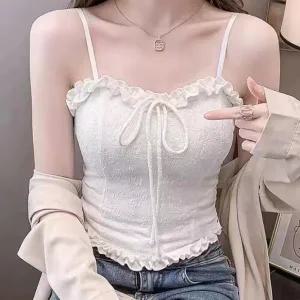 [신세계라이브쇼핑][옷자락] 여자 셔링 플라워 레이스 슬림핏 탑 끈 나시