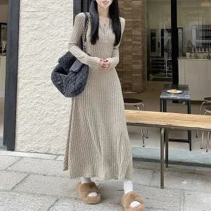 [신세계라이브쇼핑][옷자락] 여자 단추 포인트 골지 짜임 롱 니트 원피스