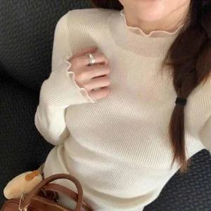 [신세계라이브쇼핑][옷자락] 여자 프릴 하이넥 소매 골지 기본핏 니트탑 티셔츠