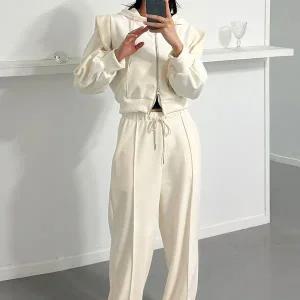 [신세계라이브쇼핑][옷자락] 여자 크롭 투웨이 숄더 후드집업 절개 골지팬츠 세트