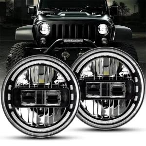 호환 차량용 LED 7인치 원형 헤드라이트 DRL 상하향등 90W 헤일로 링 앰버 엔젤 아이 비틀 클래식 라다 니