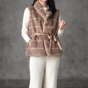여성 연말 파티룩 리본 허리띠 인조밍크 조끼
