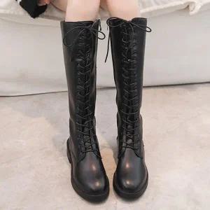 [신세계라이브쇼핑][옷자락] 여자 레이스업 워커 스타일 슬림 기모 롱 부츠