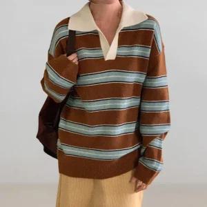 여성 겨울 배색 카라넥 스트라이프 레드 니트