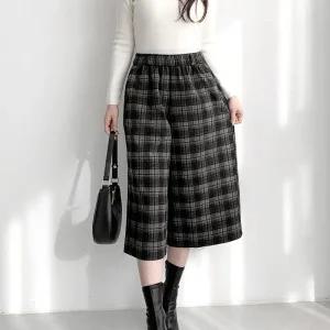 여자 8부 체크팬츠 와이드핏 링벨트 겨울 바지