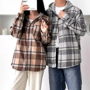 [라일리여성의류] Rly 옴브레 남녀공용 체크 기모후드 셔츠 남방 SD-