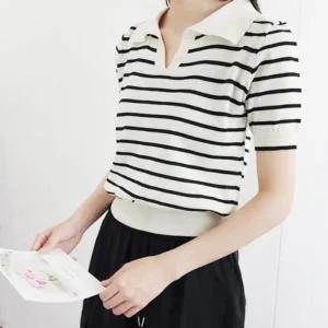 [라일리여성의류] Rly 카라 크롭 여성 반팔 얇은 여름 니트 아이스