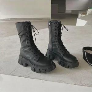 [라일리] Rly 여성 통굽 워커 레이스업 장목 블랙워커 롱부츠