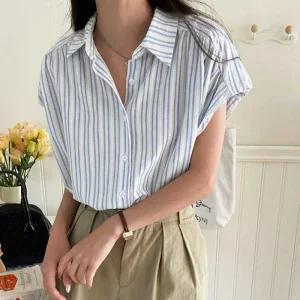 [라일리여성의류] Rly 스트라이프 여름 반팔 셔츠 남방 여성 용 블라우