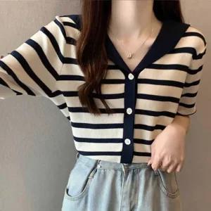 [라일리여성의류] Rly 리 반팔 스트라이프 여성 가디건 데이트 코디