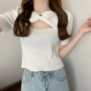 [라일리여성의류] Rly 크롭 여름 슬림 골지 반팔티셔츠 니트 데일리룩