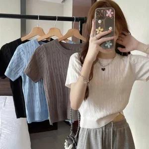 [라일리여성의류] Rly 직장인 여름 출근 룩 케이블 꽈배기 반팔 니트