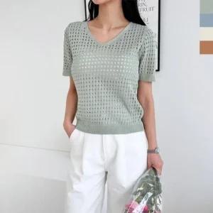 [라일리여성의류] Rly 봄니트 브이펀칭반팔니트 여성여름반팔니트 브이넥