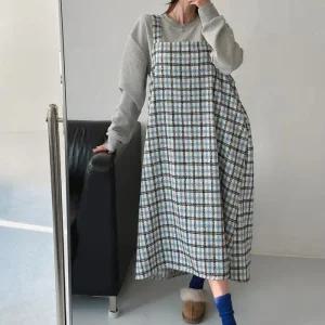 여자 빅사이즈 포켓 체크 겨울임부복 롱원피스