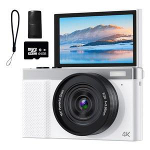 [미국배송] 4K 디지털 카메라 3인치 180 플립 스크린 16배 줌 포인트 64GB SD 카드로 촬영용 64MP 브이로그 카메라(화이트)