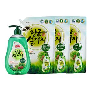 애경 트리오 향균설거지 피톤치드 용기 750ml 1개+ 리필 1.2L 3개