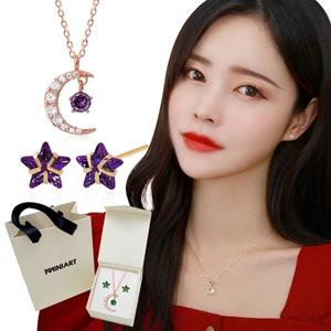 [미니아트] 탄생석 컬러 목걸이+귀걸이(14K) 달별큐빅 2종세트 선물용케이스 쇼핑백 증정