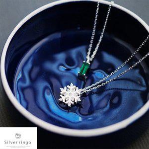 [실버링고]실버925 5월탄생석 사각모양 눈꽃모양목걸이 그린&스노우크리스탈N