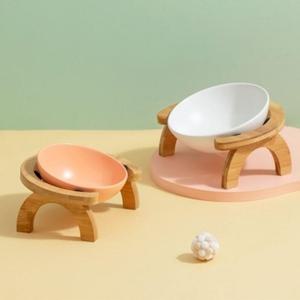 고양이강아지애견원목도자기2구밥그릇급식기