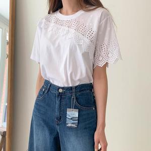 여성 베이직 라운드넥 사선 펀칭 레이스 반팔 티셔츠