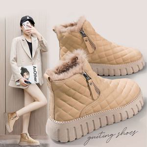 쿠엘라 퀼팅 통굽 털 부츠 여성 겨울 방한화 신발 구두 앵클 워커 슈즈