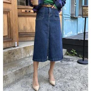 [스타일나]여성 기모 스판 육각포켓 앞트임 데님 롱스커트 날씬 청치마