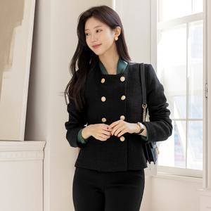 [시크라인] (~XXL까지) 루터 라운드 넥 골드 더블 버튼 트위드 자켓 봄,가을 하객룩 오피스룩 격식룩 데이트룩