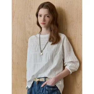 [하프클럽/마쟈]버튼포인트 엠보 셔링 긴팔 블라우스