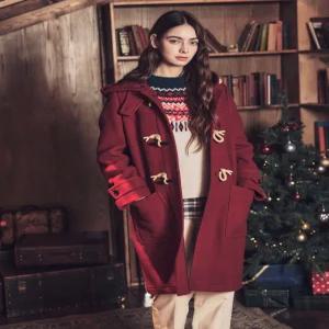 헤지스 여성 24FW [울100%] 레드 후드 더플 롱 코트 HSCO4D105R2