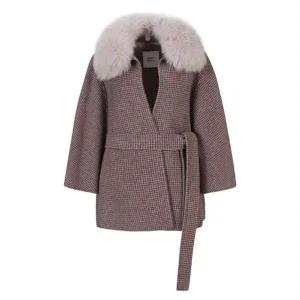 [하프클럽/]  24겨울 울혼방 체크 폭스퍼 케이프 코트Y2656