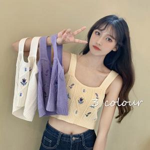 다이아 꽃자수 라벤터 스퀘어넥 니트나시 뷔스티에 크롭 여름 민소매