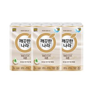 깨끗한나라 천연펄프 3겹 촉앤감 시그니처 쉬폰, 27m, 30롤, 3개