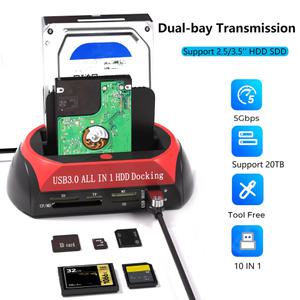 듀얼 베이 하드 드라이브 도킹 스테이션 2.5 3.5 인치 HDD SSD SATA-USB 3.0 인클로저 12V3A 전원 어댑터