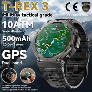 새로운 T-Rex 3 군용 위장 전술 SmartWatch 48mm 내장 듀얼 밴드 GPS 10ATM 방수 나침반 500mAh 스마트 시