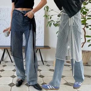 여성 시스루 플라워 망사 레이어드 랩스커트 레이스 랩치마 y2k 유니크 -WSK0055- 봄 가을