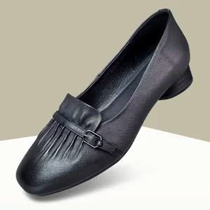 마마슈 밀라노 여성 구두 펌프스 부드러운 가죽 로우힐 3cm 주름 큐빅 버클 세련된 발볼편한 푹신 쿠션