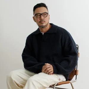 [러기드하우스]러기드하우스  오픈 카라 오버핏 램스울 니트 네이비