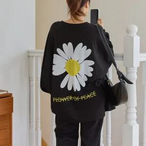 플라워 프린팅 오버핏 박스 티셔츠 긴팔 라운드넥 여성 빅사이즈