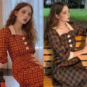 하트넥 원피스(2color) 경성의상 믹스체크 각카라