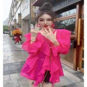의상 난타복 핫핑크 공연복 트로트 장구 밤무대 드럼 프릴 블라우스