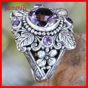 펑크 스타일 빈티지 100% 꽃 925 스털링 실버 라운드 천연 자수정 웨딩 약혼 반지 여성을 위한 고급 주얼리