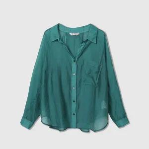 [DEMOO](센텀시티점)브이넥 와이드 핏 시스루 블라우스 블루그린