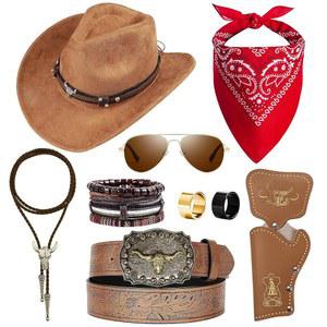 남성용 Gegvdfe 9PCS 웨스턴 카우보이 의상 모자 넥타이 카우 버클 벨트 액세서리 코스프레 파티 세트
