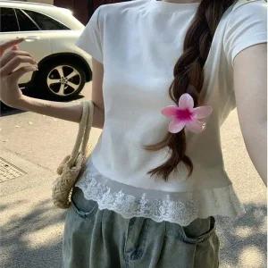 [피커]레이스 밑단 여성티셔츠 여성 티셔츠 여름 슬림핏