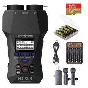 Zoom H1 XLR 32비트 플로트 핸디 레코더, SD 어댑터가 포함된 64GB UHS-I microSDXC 메모리 카드 번들, 무선 라발리에 마이크, AA NiMH 배터리 4개, 4베이 충전기