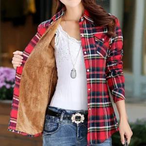 융털 여성 기모 셔츠 체크 남방 겨울 여자 양털 보온 방한 두꺼운 이너 셔츠 브랄우스