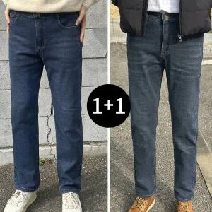 1+1 남성 기모 청바지 겨울용 스판 일자 데님 데일리 캐주얼